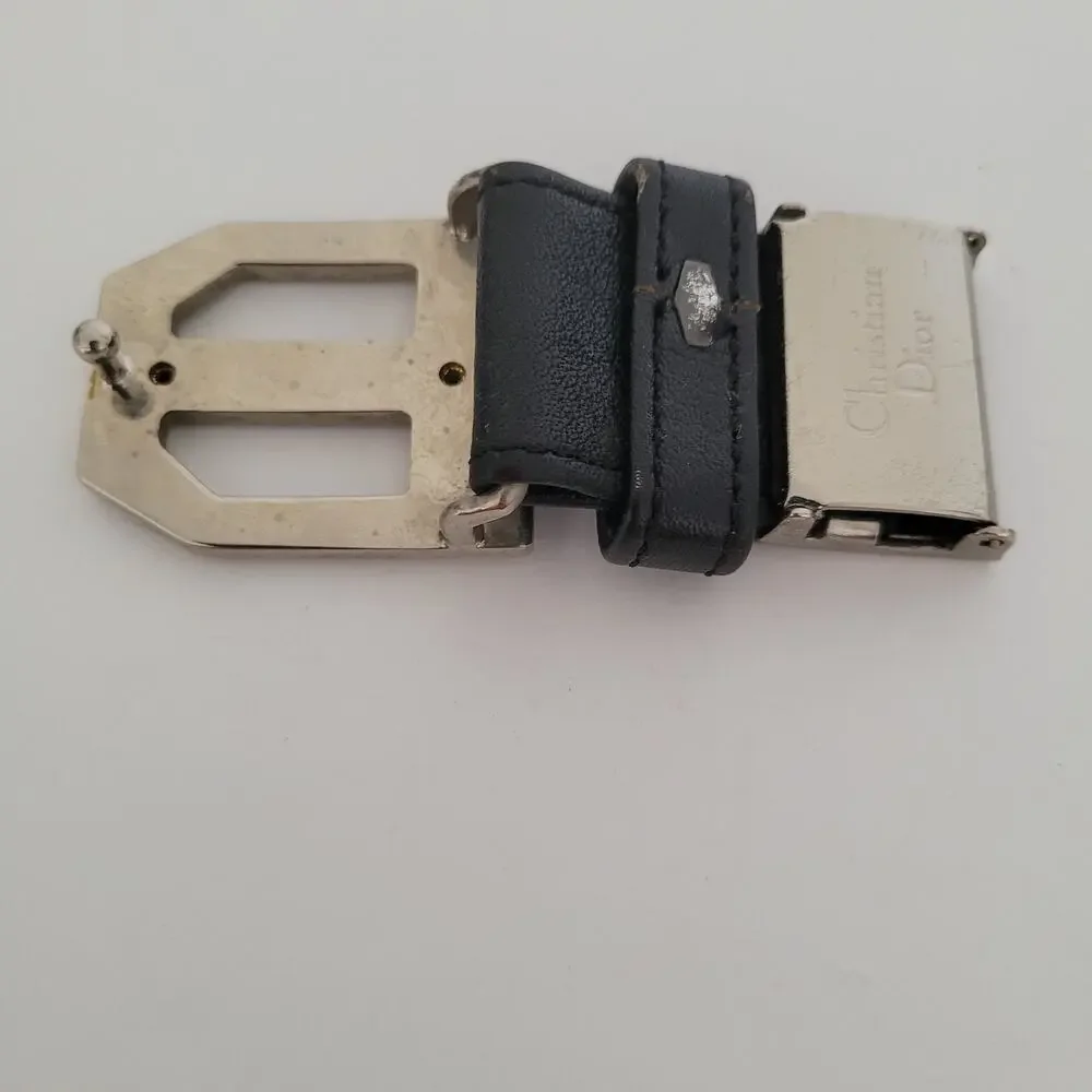Christian Dior Silver Black Leather Metal Belt Buckle Replacement Slim Vintage‎